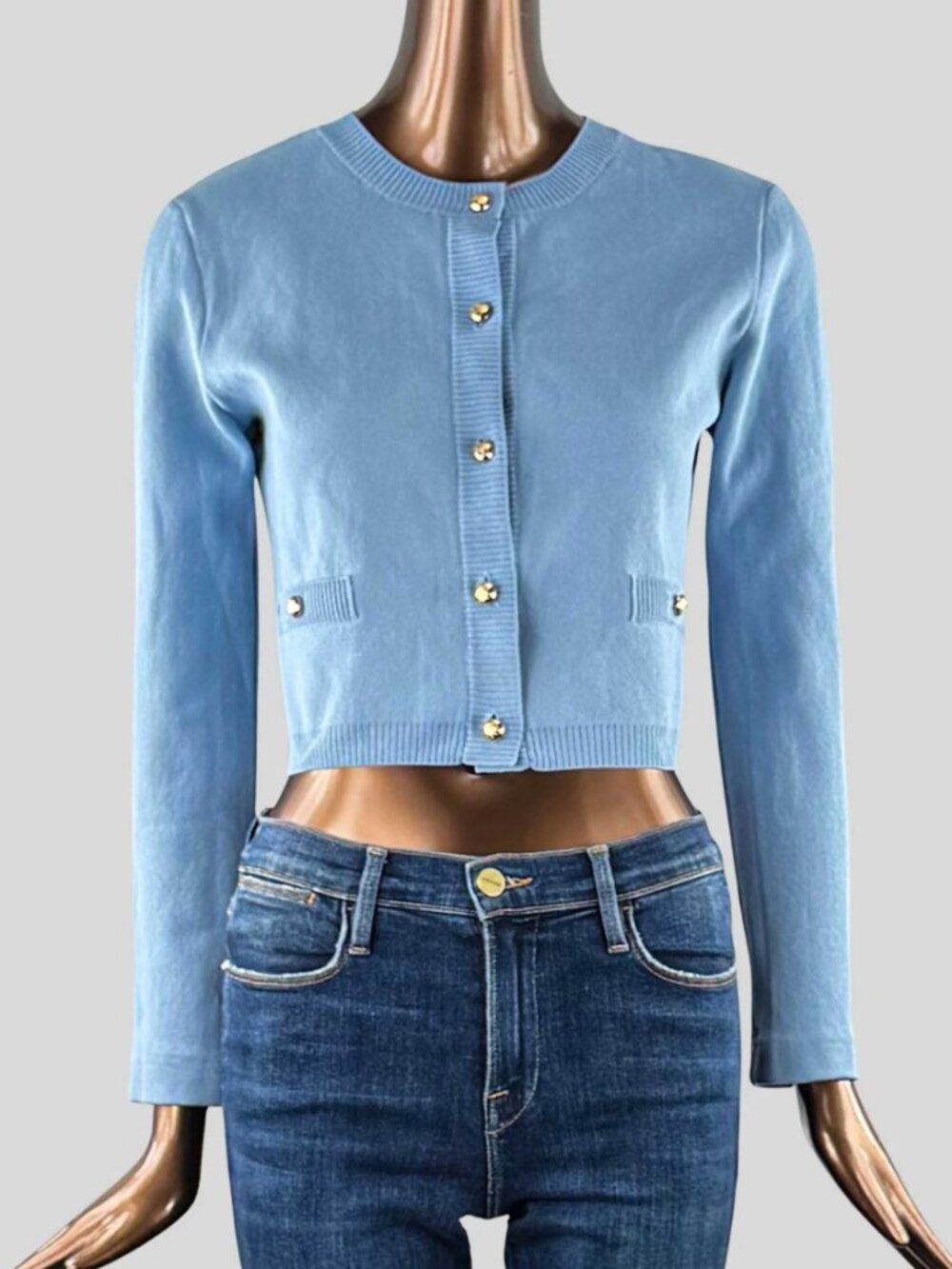 H&M Womens Blue Cropped Knit Cardigan Gold Buttons - Medium
